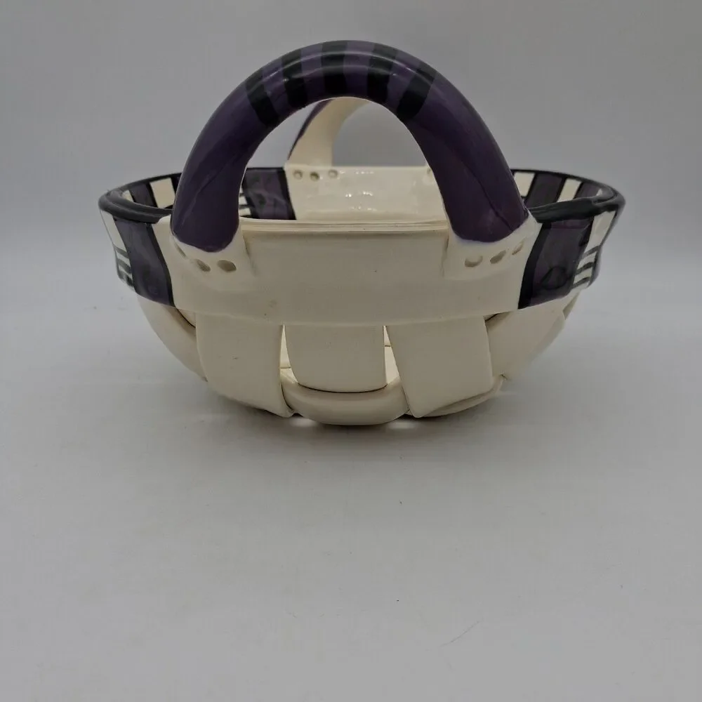 Rina Peleg Signed Pottery Basket Bowl-Hand Decorated Riveted Design 11 3/8